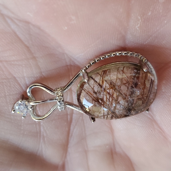 New Silver Wrapped Gold Rutilated Quartz Oval Rhinestone Crown Pendant. - Picture 4 of 12